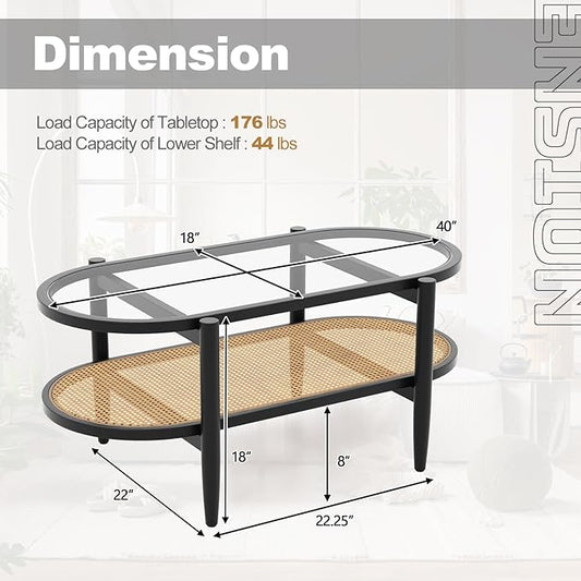 Giantex Rattan Coffee Table, 2-Tier Oval Wood Tea Table with Tempered Glass Tabletop & PE Rattan Storage Shelf, 40" Boho Cocktail Tables, Mid Century Modern Center Table for Living Room Office, Black