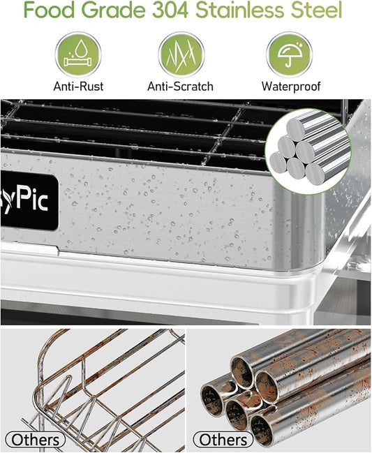 2 Tier Dish Drying Rack, Thicker Premium 304 Stainless Steel Dish Racks for Kitchen Counter, Automatic Drainage Spout, Dish Drainer & Drainboard Set with Utensil Holder and Cup Holder, White