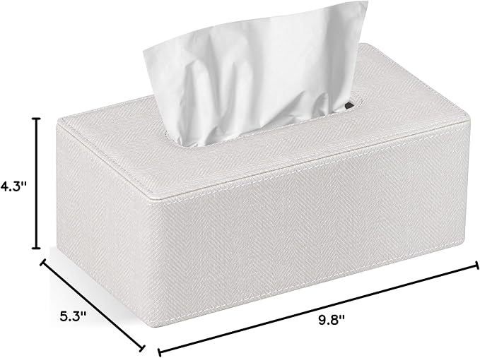 GOLRANLYE Tissue Box Cover Rectangular 9.8"(L) x 5.3"(W) x 4.3"(H) Refined Modern PU Leather Facial Tissue Dispenser Box Holder for Dresser Bathroom Decorative (Linen Beige)