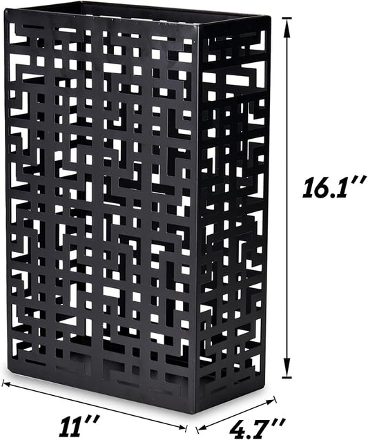 BEWBBAT Umbrella Stand Rack for Entryway, Hollow Metal Holder, FreeStanding Storage Bin for Long Umbrellas, Holds 6-7, Black