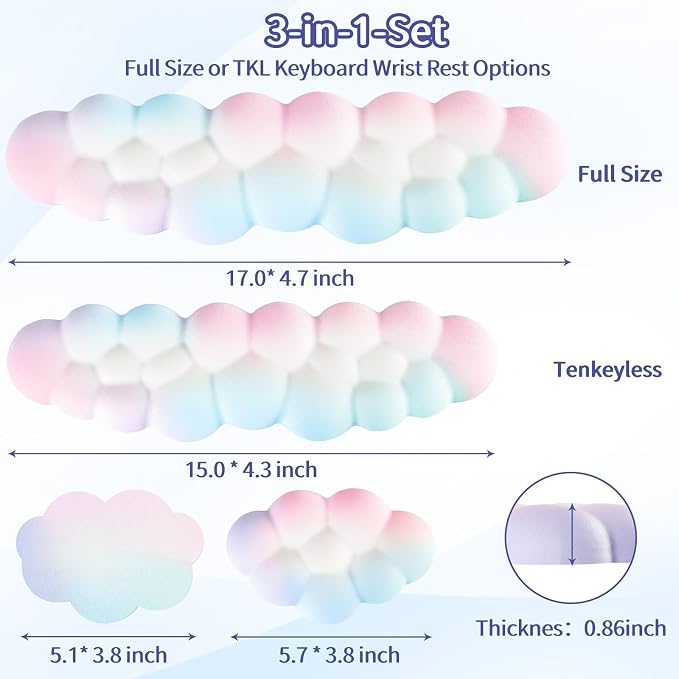 Sushret Cloud Wrist Rest Keyboard, Cloud Keyboard Wrist Pad Set with PU Leather Memory Foam, Cute Arm Rest for Palm Support, PC/Gaming Desk Accessories/Office Setup/Computer Hand Cushion - Rainbow