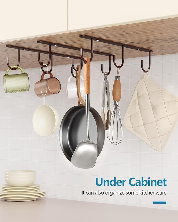 Luckinow 3 Pack Mug Hooks Under Cabinet, Coffee Mug Holder for Hanging Under Shelf, Cup Hanger with 9 Hooks for Displaying Mugs, Coffee Cups and Kitchen Utensils, Brown