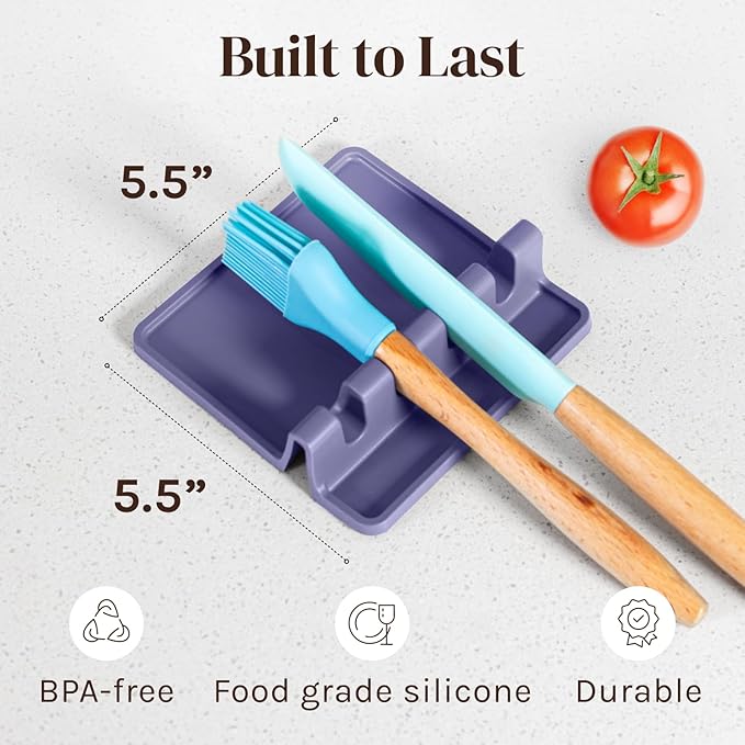 Cooler Kitchen Silicone Spoon Rest for Stove Top with Drip Pad (Two Pack) - Heat Resistant BPA Free Utensil Rest & Spoon Holder for Kitchen Counter - Grill Utensil Holder - Spatula Holder, Purple