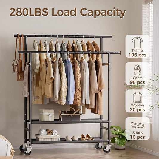 HYSEYY Clothes Rack,Double Rods Rolling Clothing Rack for Hanging Clothes,Portable Garment Rack with 2-Tier Storage Shelves,Free Standing Wardrobe Closet Coat Rack on wheels for Bedroom,Laundry Room