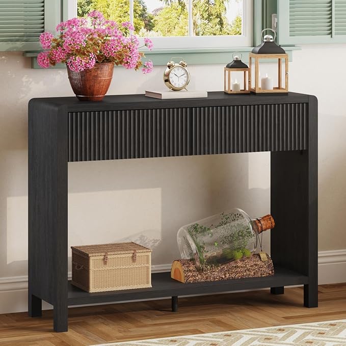 FATORRI Console Entryway Table, Modern Sofa Table with 2 Drawers for Living Room, 39.37 inch Narrow Wood Hallway Tables and Couch Tables Behind Sofa for Small Space (Black)