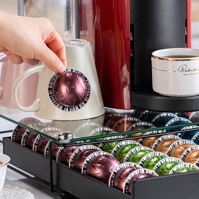 FlagShip for Vertuo Pod Holder Coffee Pod Organizer for Nespresso Pod Storage Glass Top(50 Pods Capacity)