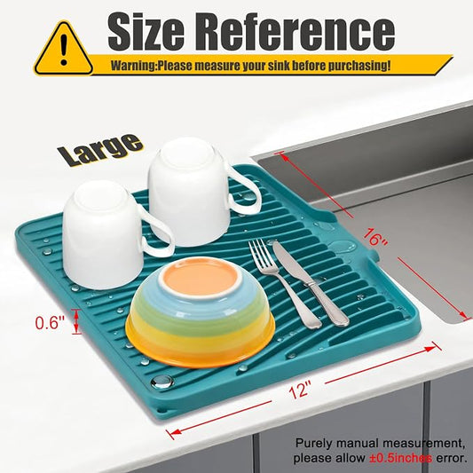 TIKNIK Silicone Dish Drying Mat for Kitchen Counter - Heat Resistant & Non-Slip Dish Drain Pad with Built-In Drain, Dishwasher Safe, Quick-Dry, Hangable & Roll-Up for Storage, Green-1pcs, 16" x 12"