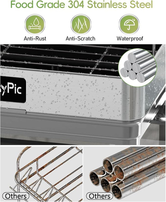 2 Tier Dish Drying Rack, Thicker Premium 304 Stainless Steel Dish Racks for Kitchen Counter, Automatic Drainage Spout, Dish Drainer & Drainboard Set with Utensil Holder and Cup Holder, Grey