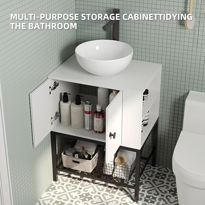 Modern Floor-Standing Bathroom Vanity with Ceramic Vessel Sink, 24 Inch White Wood Storage Cabinet with Black Steel Base, Minimalist Design Easy Assembly for Small Bathrooms