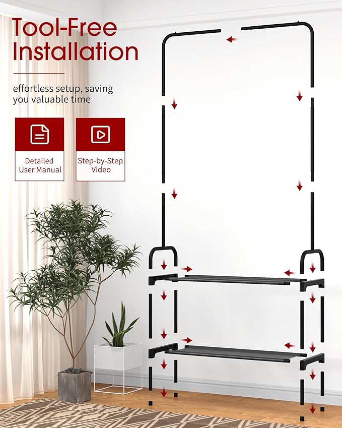 Clothes Rack - Clothing Rack with 2-Tier Shoe Rack and Anti-Slip Stopper, Shoe Organizer for Entryway, Bedroom, or Laundry, Black, 29" × 12.2" × 59.3"