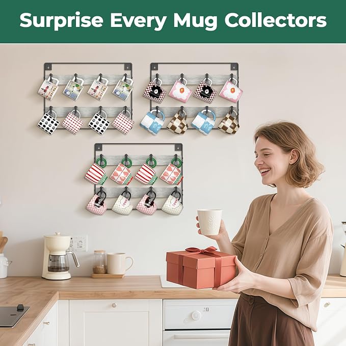EsLuker.ly Mug Holder Hanger Rack Wall Mounted Wooden 3 Pack Coffee Cup Storage Organizer Display Shelf with 24 Movable Plastic Hooks, Ideal for Mug Collectors, Light Grey-Black