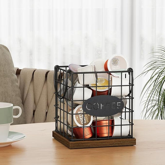 YINMIT K Cup Holder Organizer, Rustic Coffee Pod Holder Organizer, 35 Kcup Holder for Counter with Handle,Large Capacity Black Wire Coffee Capsule Basket for Kitchen Office Desktop (Square Grid)