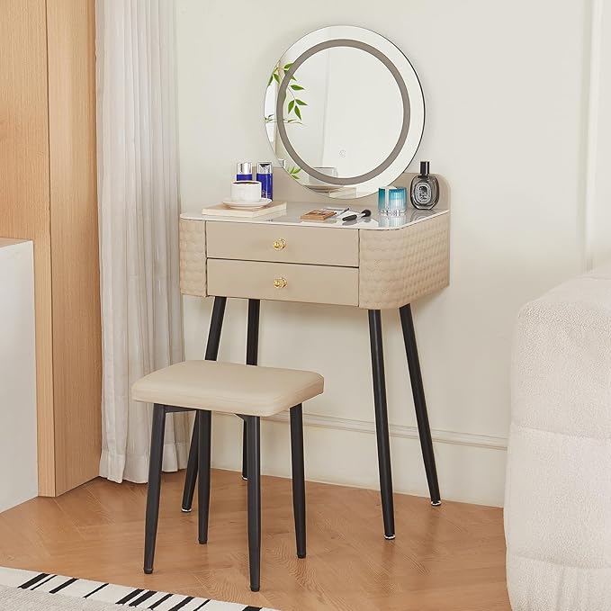 Makeup Vanity with Round Mirror,Light,Two Drawers,Cushioned Stool Set.Small Dressing Table for bedrooms and Dressing Rooms.Beige-Gray