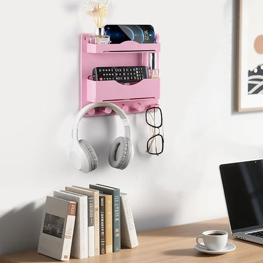 Pink Bedside Shelf Organizer - Wall Mount Phone Holder with Glasses Hook & 50 Motivational Stickers for Girls Bedroom Dorm Decor