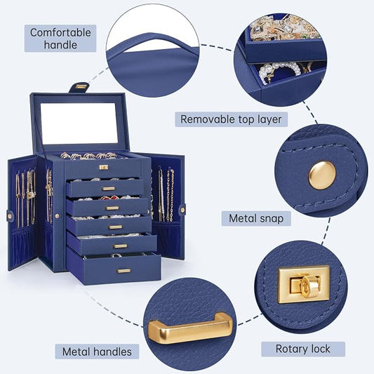 AKOZLIN 6-Tier Jewelry Box Organizer Functional 5 Drawers Leather Jewelry Storage Case for Women Girls Ring Necklace Earring Bracelet Holder Organizer with Mirror Medium Blue