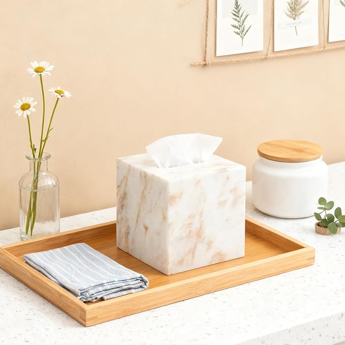 Marble Tissue Box Cover for Bathroom, White with Gold Texture Marble Facial Tissue Holder, Rectangular Toilet Paper Holder Case, Elegant Home Decorative for Vanity, Bedroom, Living Room, Office