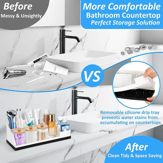 Bathroom Organizer Countertop, White Silicone Toothbrush Holders for Bathrooms with 3PCS Qtip Holder Dispenser, Toothbrush and Toothpaste Holder for Bathroom Counter Organization Storage Vanity