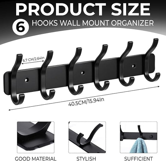 Dntorx Coat Rack Wall Mount, 1 Pack Coat Hooks Hanger Wall Double Hook Rack Rail Towel Hat Rack Entryway Bathroom Hanger Organizer for Robes, Clothes, Bags, Hat(Black)