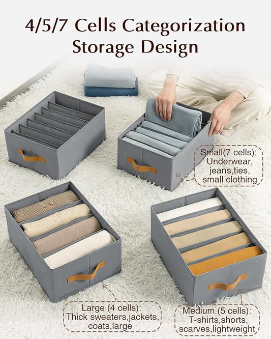 Homsorout Clothes Organizers and Storage - 4/5/7 Grids Fabric Jeans Organizer with Handles, Foldable Closet Organizers Dividers, Wardrobe organizer for Pant, Sweater, T-shirt, Scarf, 6 Pack, Pale Grey