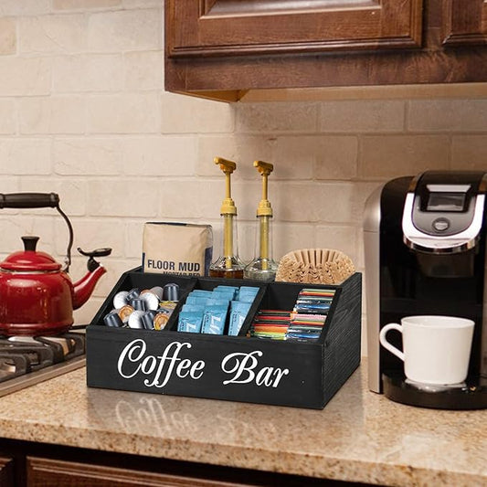 ugiftt Coffee Station Organizer for Counter, Wood Coffee Pods Holder Storage Basket, Tea Condiment Storage Organizer, Rustic Coffee Bar Decor for Coffee Accessories Organizer