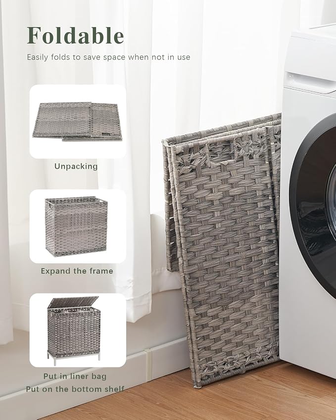 SETVSON Laundry Hamper with Lid 132 L, (35 Gallons) Clothes Hamper with Lid, Handwoven Rattan Laundry Hamper with Metal Heightened Feet, Laundry Hampers with 3 Removable Liner Bags for Laundry-Gray