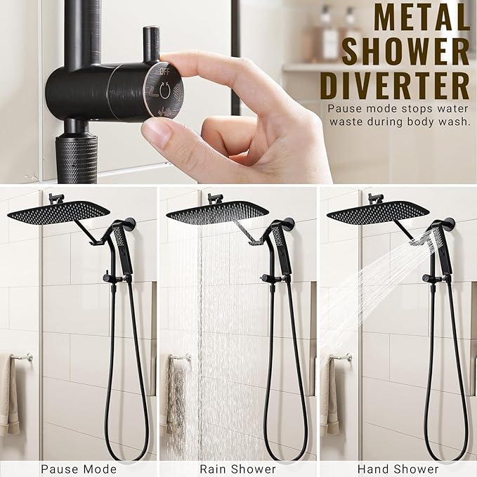 G-Promise All Metal 14 Inch Rain Shower Head with Massage Mode Handheld Spray Combo, 3-Way Diverter with Pause Setting, Full Body Coverage, Modern Bathroom Upgrade (Oil Rubbed Bronze)