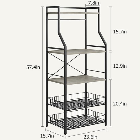 SunnyFurn Kitchen Bakers Rack, 5 Tier Coffee Bar Station with 2 Large Wire Basket, Microwave Stand with 8 s-Shaped Hooks, Open Kitchen Storage Shelves for Spices, Pots and Pans, Black & Gray