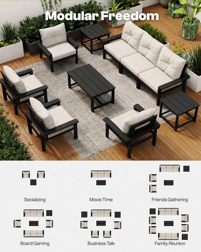HDPE Outdoor Patio Furniture Set, 10-Piece Patio Conversation Set with 3-Seat Sofa, 4 Armchairs, 2 Side Tables & 1 Coffee Table, All-Weather Outdoor Sofa Set for Deck, Porch(Black Frame)