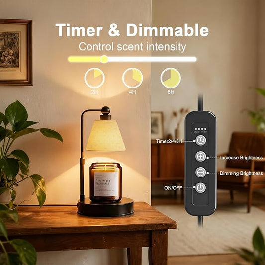 Candle Warmer Lamp with Timer, Dimmable, Adjustable Height, Modern Farmhouse Linen Shade, Black Candle Warming Lamp for Up to 6-Inch Jar Candles, 2 Bulbs Included
