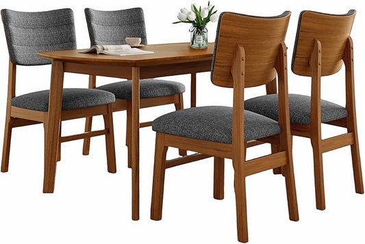 5-Piece Wooden Dining Set Mid-Century Modern Dinner Table and 4 Upholstered Chairs Rectangular Table with Chairs Set Rubberwood Legs Linen Padded Seat & Backrest for Dining Room Kitchen Apartment