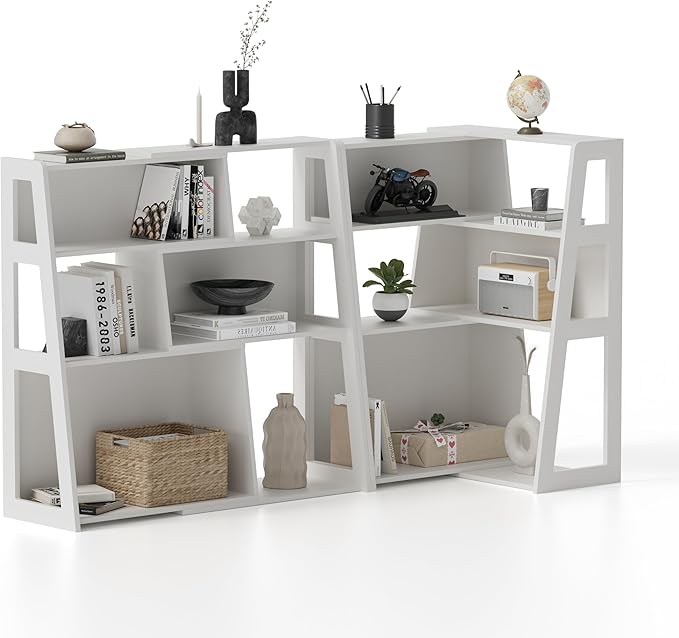 Extendable Bookshelves Set of 2, 3 Tier Wood Bookcases Storage Book Shelves Adjustable Organizer for Bedroom Living Room Home Office Corner, White