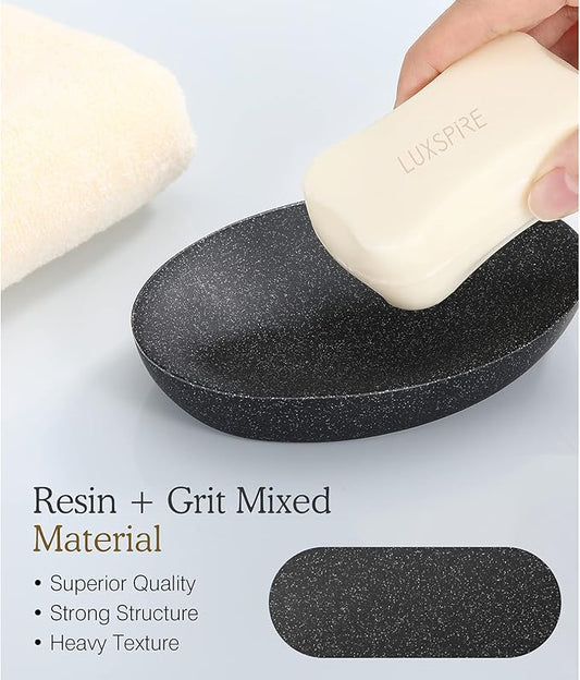 Luxspire Soap Dish, Resin Soap Tray Soap Holder Container Box, Oval Bar Soap Plate Case, Sponge Dish Scrubbers Tray Holder for Bathroom Vanity Shower Kitchen Sink Counter Top, Gravel Black