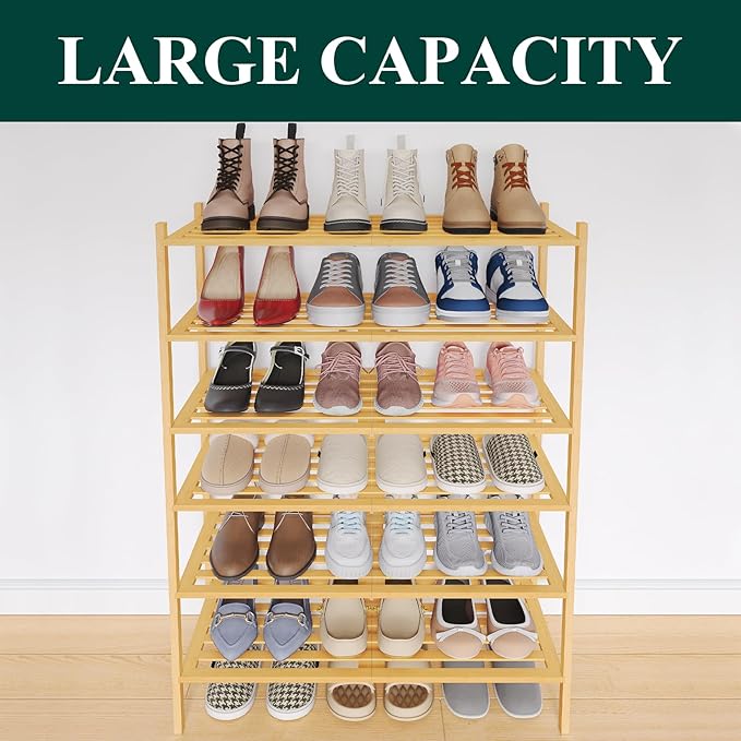 Smiry Bamboo Shoe Rack 6-Tier, Stackable Wooden Shoe Organizer for Entryway & Closet, Free Standing Wood Shoe Storage Shelf for Front Door & Small Spaces, Natural