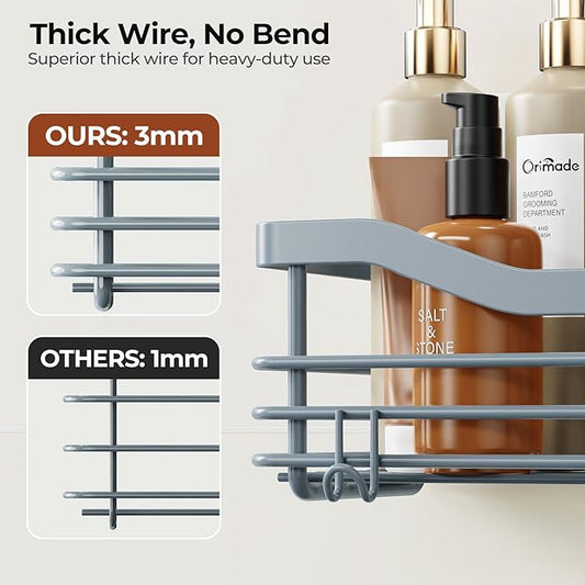 Orimade Shower Caddy Basket Shelf Storage Rack, No Drilling Wall Mounted Adhesive Rust Resistant Stainless Steel Shower Organizer with 5 Hooks for Bathroom, Light Blue Grey 2 Pack