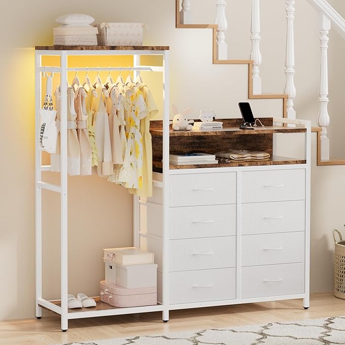 58" H Dresser with Hanging Rack,8 Fabric Drawers, Large Capacity Storage Organizer with USB Charging Station & LED Lights& Hooks for Bedroom Dorm Room Apartment,White