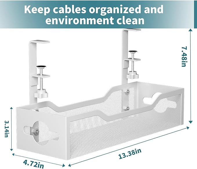 Under Desk Cable Management Tray 3 Pack, Cable Management Under Desk No Drill, Cable Organizer with Clamp for Wire Management, Cord Organizer for Office, Home - No Damage to Table (White)