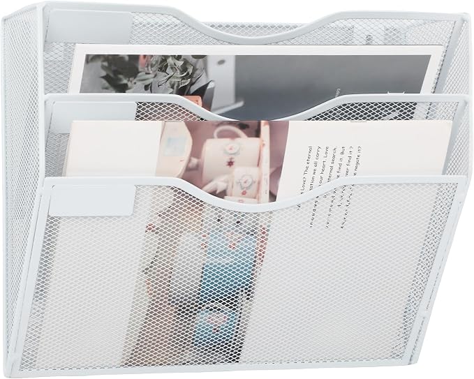 EASEPRES 3 Pocket Mesh Hanging Wall File Organizer, Wall Mounted Mail Paper Document Folder Holder, Clipboard Storage Organization Magazine Rack with Nametag Label for Office Home School, White