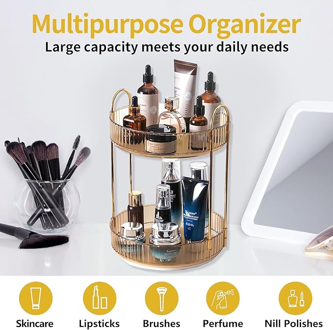 Asayuee 360 Rotating Gold Makeup Organizer,2 Tier Large Capacity Rotating Makeup Organizer,SkincarePerfume Organizer,Bathroom Cosmetics Storage Organizer Countertop (Gold-2 Tier)
