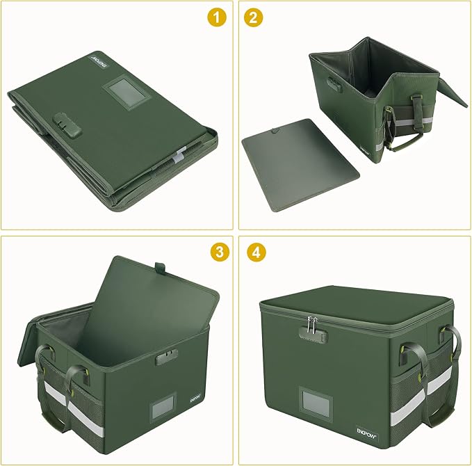 ENGPOW File Box with Lock, Fireproof Document Box with Pockets, Collapsible File Organizer Filing Storage Cabinet with Handle, Portable Home Office Safe for Hanging Letter/Legal Folders,Green,2 Pack