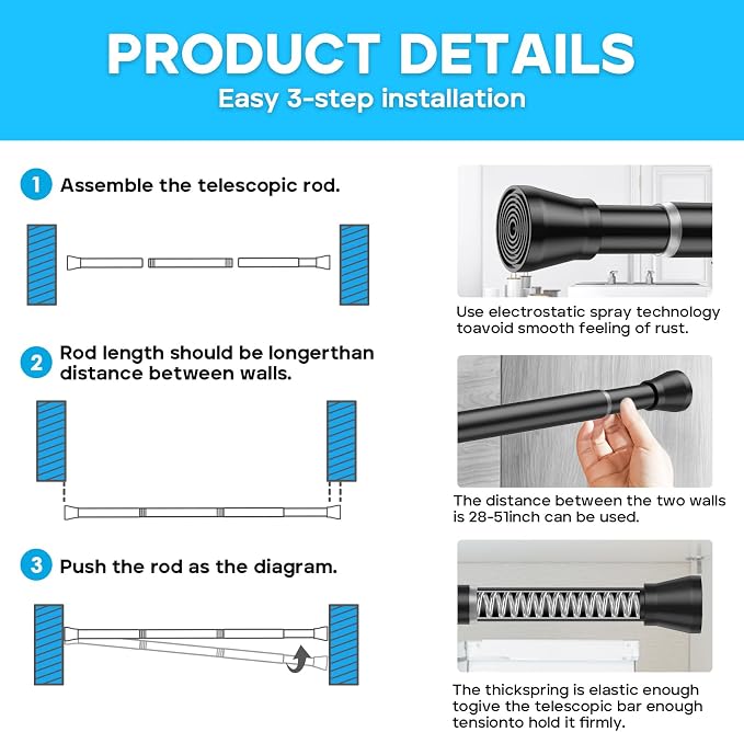 AIZESI Tension Curtain Rod 28 to 48 Inch, 2pcs Black Tension Rod Adjustable Curtain Rod Curtain Tension Rod Spring Tension Curtain Rod No Drill Spring Curtain Rod Small Shower Rod