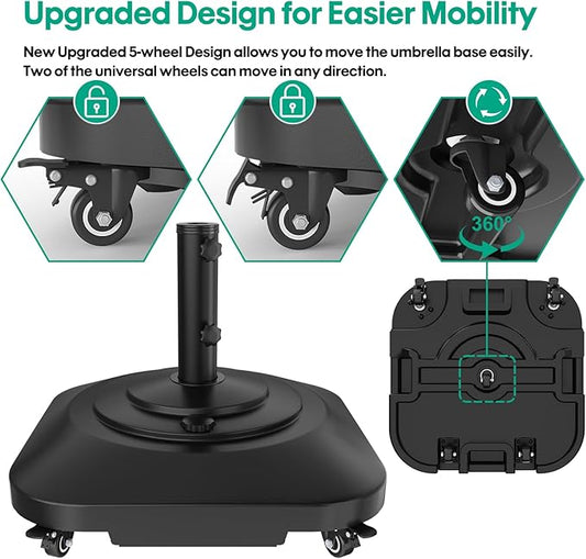 Umbrella Base with Wheels, Umbrella Stand Base Heavy Duty 100lb Windproof, Fillable Umbrella Base Mobile Square Umbrella Stand Outdoor Base for Patio, Deck, Poolside, Lawn, Fits Most Sized Umbrellas