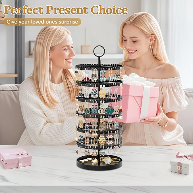 MODOWEY 6 Tier Rotating Earring Holder Organizer Display Tree with Metal Tray, Adjustable Plastic Stand with 342 Slots for Stud Hoop Hanger, Large Capacity Storage Rack for Women Space Saving, Black