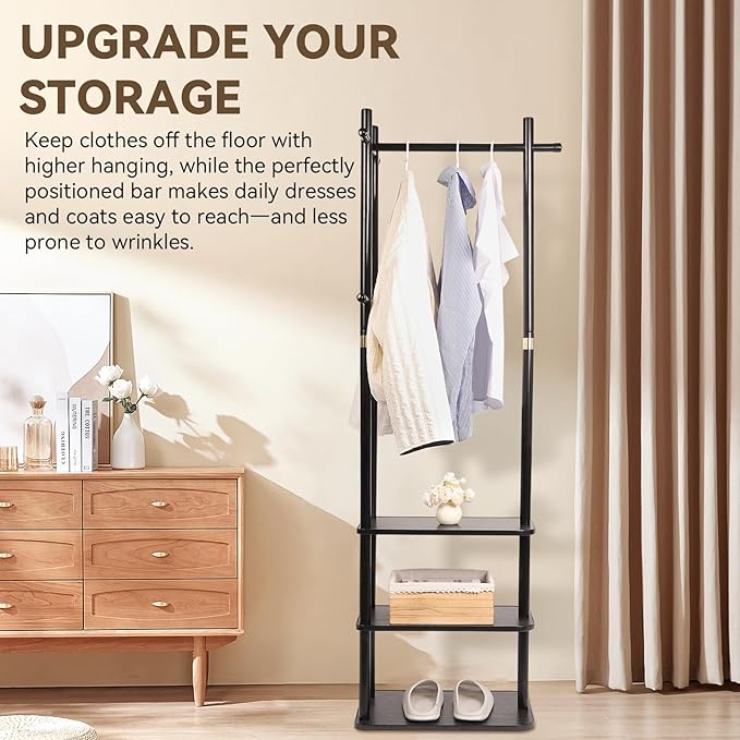 Wood Coat Rack Freestanding Clothing Rack with 3 Storage Shelves and 5 Hooks Coat Tree Heavy-Duty Garment Rack for Corner Entryways Living Rooms and Bedrooms, Black