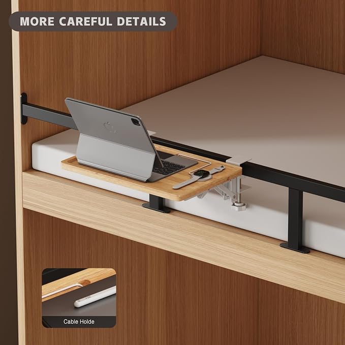 Magheo Bedside Shelf Wood, Foldable Clip-On Bunk Bed Table Shelf for Top Bunk Space Saving Bed Side Table Tray for College Dorm Room Essentials, Loft Nightstand Organizer Tray with 2 Cord Hole