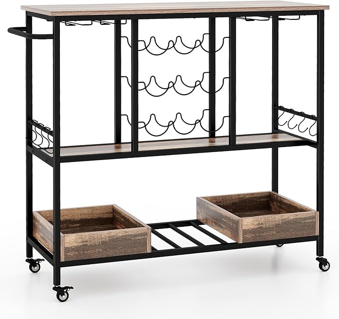 Giantex Bar Cart, 3 Tier Home Serving Cart on Wheels, Glass Racks, 12 Wine Holders, 8 Hooks & Storage Boxes, Industrial Rolling Beverage Cart for Coffee Bar, Kitchen, Dining Room