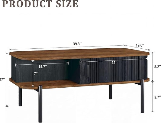 Coffee Table, 39.4" Mid Century Modern Coffee Tables for Living Room, Coffee Table with Storage Open Shelf, Fluted Table with Sliding Cabinet Door, 2-Tier Rustic Wood Desktop, Black & Walnut