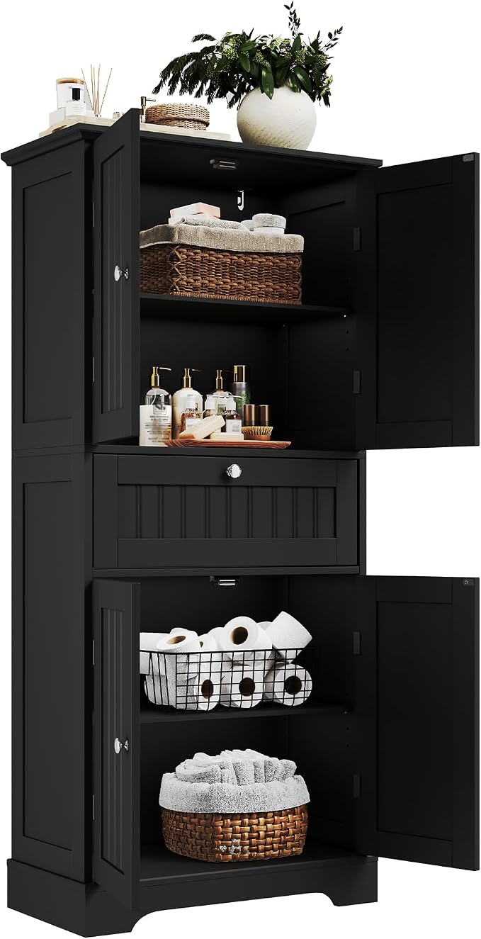 ChooChoo 51" H Tall Bathroom Floor Cabinet, Modern Bathroom Storage Cabinet with Drawer and Adjustable Shelves, Freestanding Kitchen Pantry Cupboard with 4 Doors for Living Room, Black