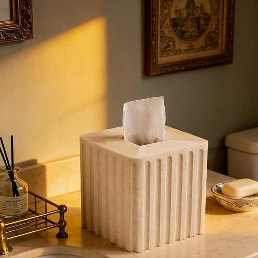 Striped White Sandstone Tissue Box Cover Square for Home Decor,Resin Heavy Tissue Box Holder for Bathroom Countertop,Tabletop,Bedside Table,Office (Handmade of Resin)