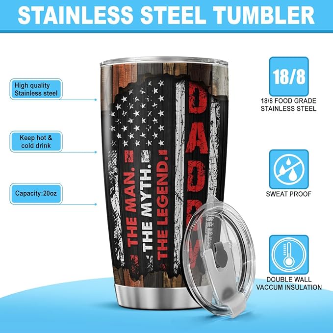 Funny Dad Gift with Nutrition Facts, Rustic American Design Stainless Steel Tumbler, 20oz Insulated Coffee Cup for Father, Husband, Grandpa, Birthday, Father's Day Present