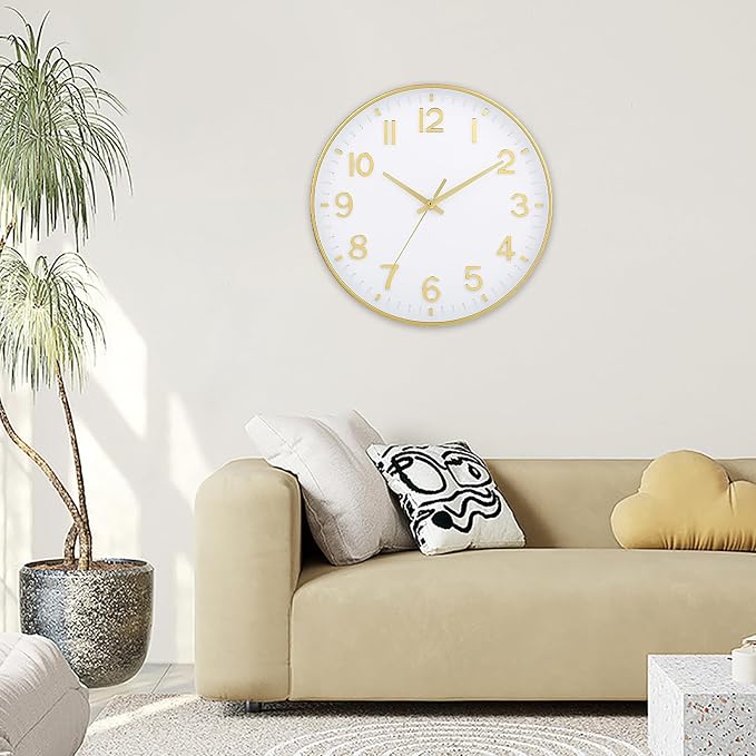 HZDHCLH Wall Clocks Battery Operated,Wall Clock White Gold,8 inch Wall Clock Silent Non Ticking Modern 3D Numbers for Office Kitchen Classroom Bedroom Living Room Decor